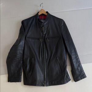 Schott NYC Black Leather Bomber Jacket with Zip Pockets